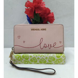 Michael Kors Pink Leather Love Sign Zip Around Credit Card ID Window Wallet